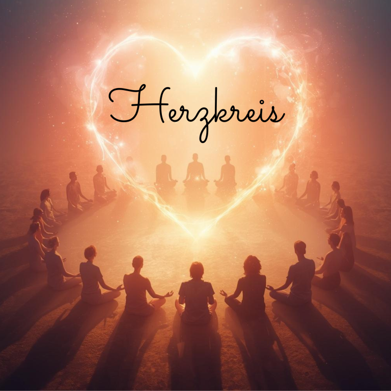 Gesellige Menschen in einem Herz-Kreis, umgeben von sanftem Licht. Text: "Herzkreis".